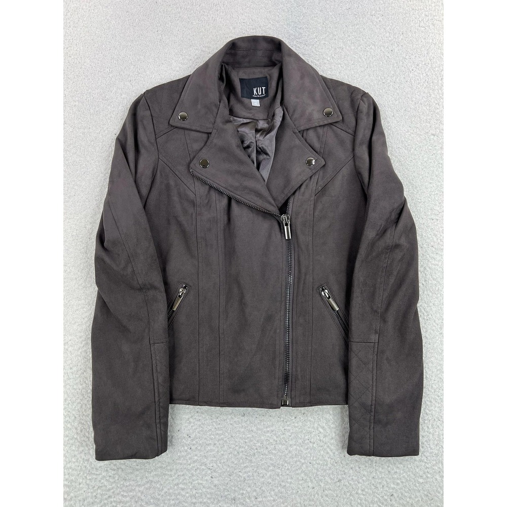 KUT From The Kloth Jacket Womens XS Gray Faux Suede Moto Biker Quilted Asym Zip